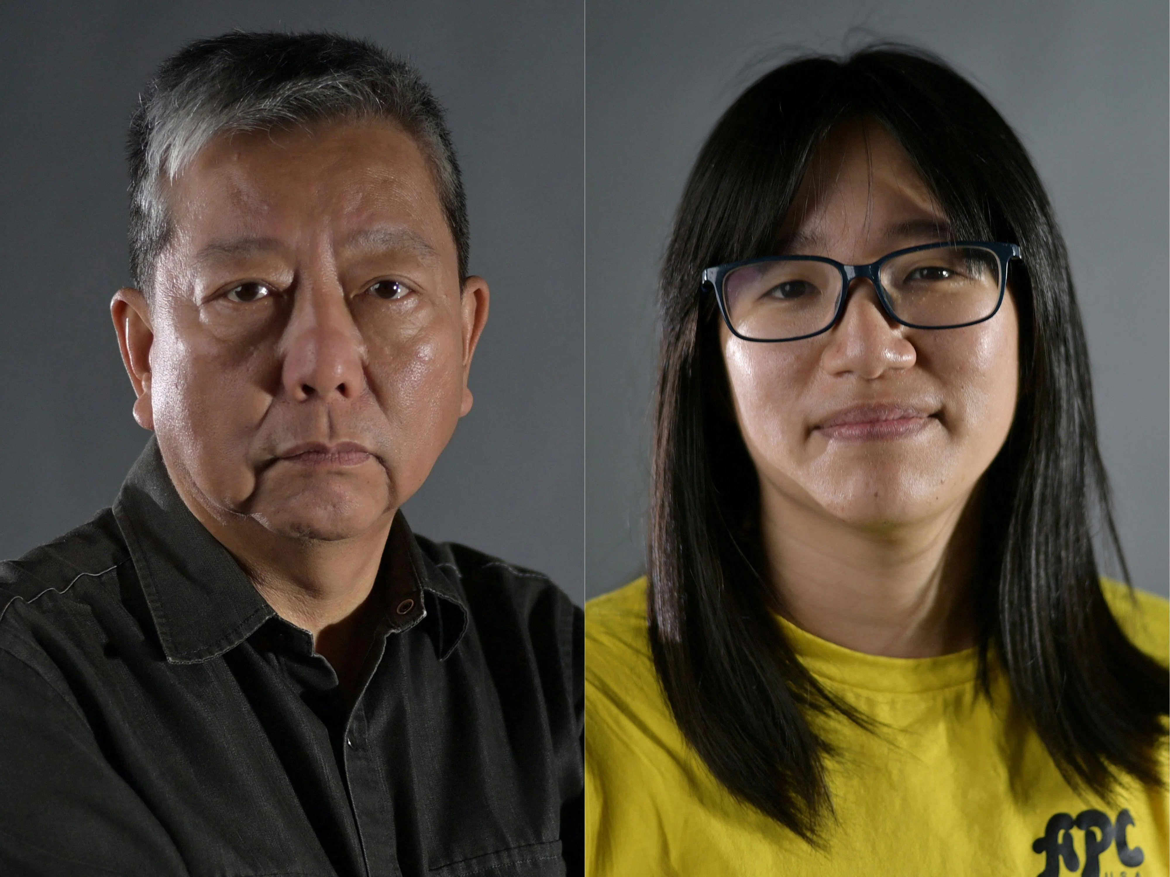 香港支联会前主席李卓人（左）被判监禁7年，前副主席邹幸彤（右）被判监禁7年3个月。两人的判刑都比开审前就认罪的另一名副主席何俊仁（不在图内）重，后者被判监禁5年2个月。（法新社）