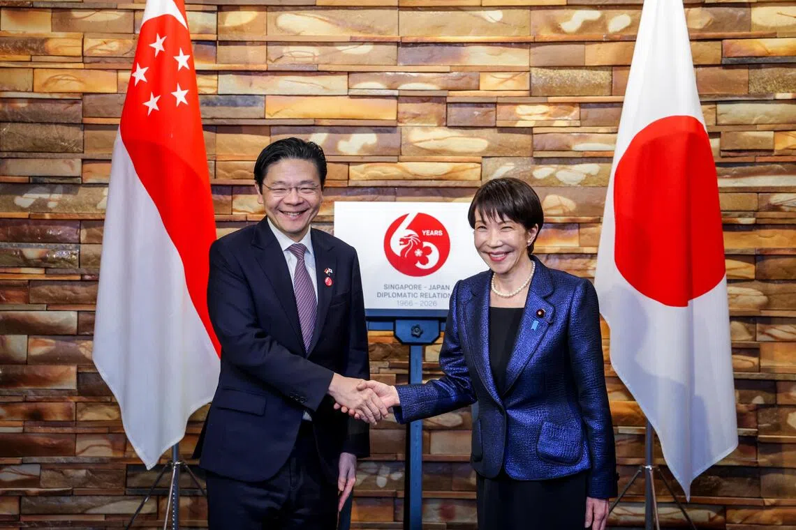 黄循财总理（左）星期三（3月18日）在日本首相官邸会见日本首相高市早苗。两人就区域和国际局势发展交换看法，包括目前紧张的中东局势。（叶振忠摄）