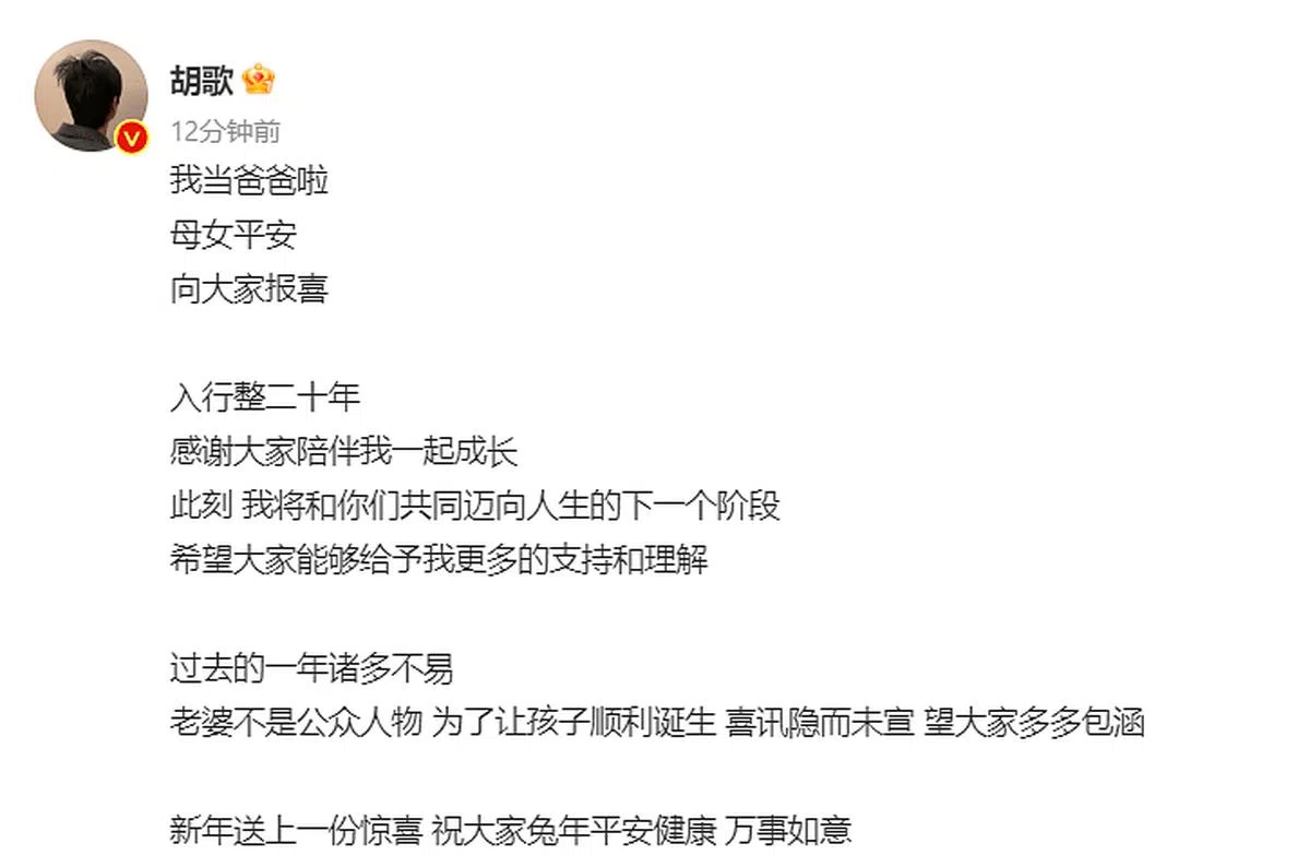 胡歌发微博宣布喜讯。（截自微博）