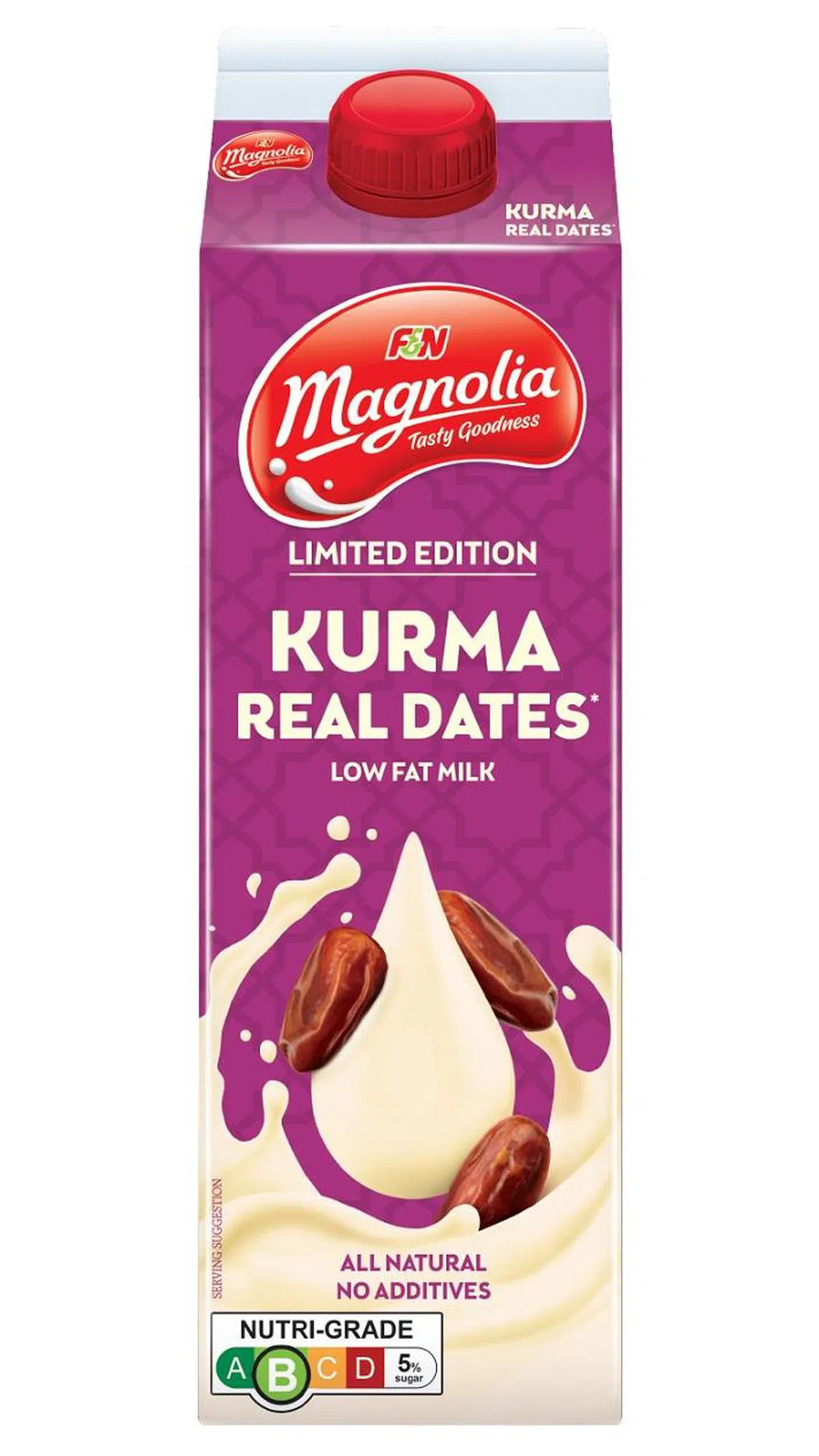 F&N Magnolia的限量椰枣低脂牛奶，配合今年斋戒月，以全新包装回归。（品牌提供）