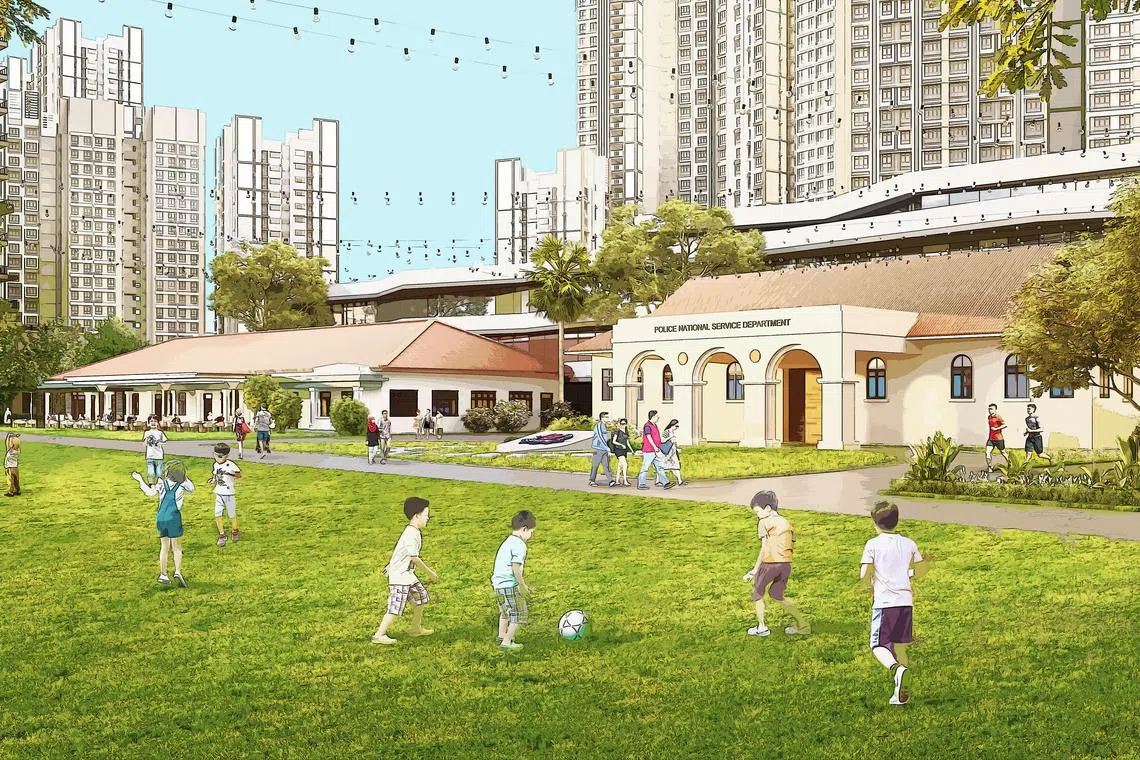 旧警察学院六栋最具代表性的建筑将受保留，部分步操广场受保留，改造成社区公共空间，既可让孩子们嬉戏玩耍，也为年长者提供运动锻炼的场地。（建屋局构想图）
