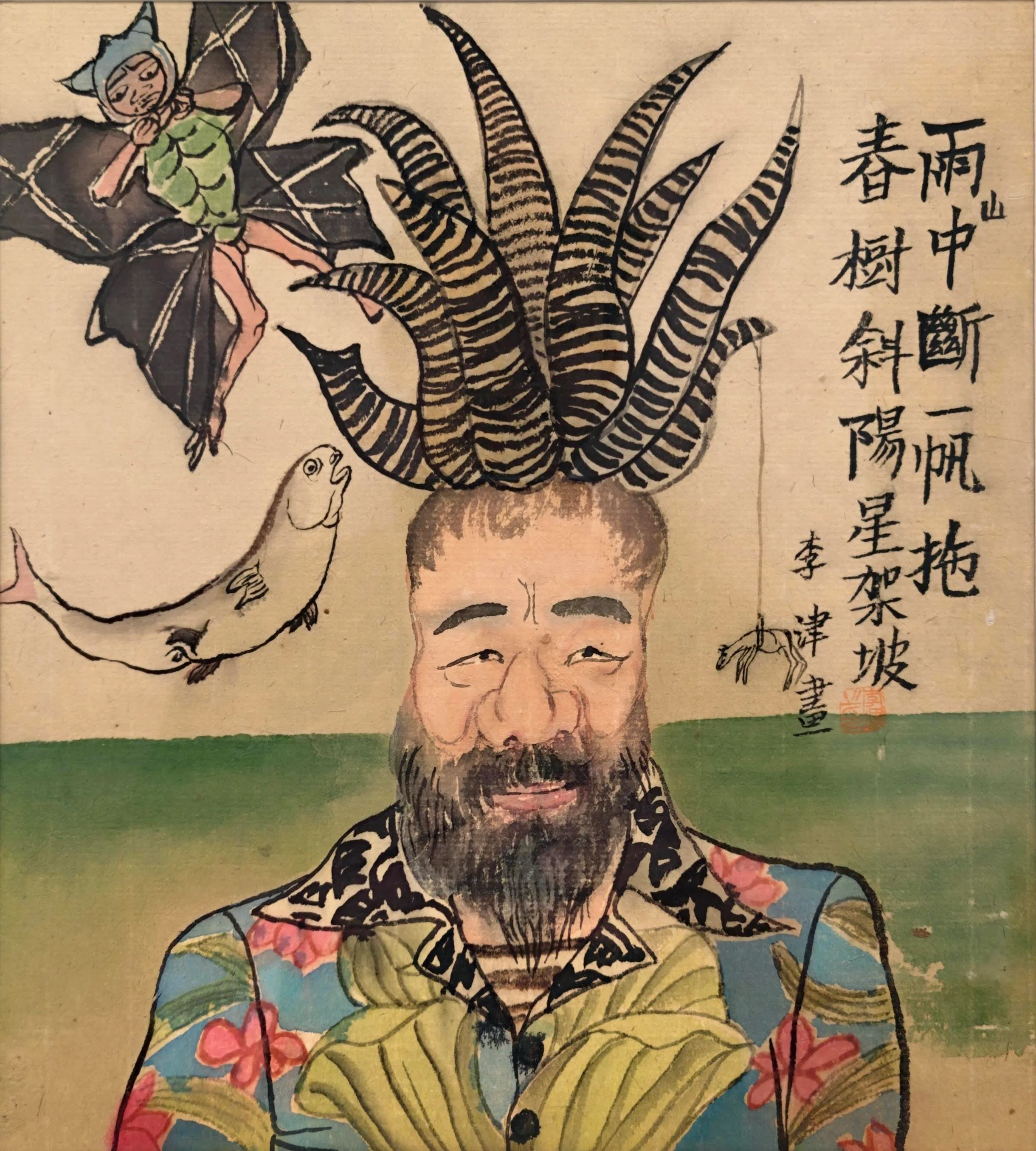 李津在新加坡创作的水墨画《穿花衣的男子》。（画廊提供）