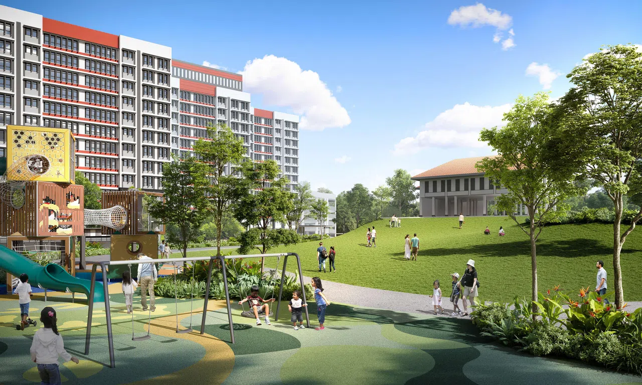 建屋局说，公园设计着重促进身心健康，有游乐场、健身器材、草坪、运动场地和康疗花园，方便居民活动和休闲。（构想图／建屋局提供）