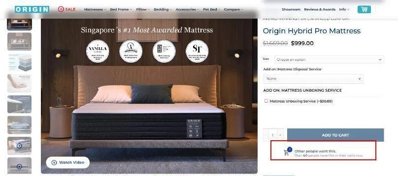 在Origin Sleep网站上，显示“现有XX人将此商品加入购物车”这类信息，并在付款页面设置倒数计时器，提醒消费者“快点！订单仅保留XX:XX分钟”，暗示若不尽快完成付款，就可能失去购买机会。（新加坡竞争与消费者委员会提供）