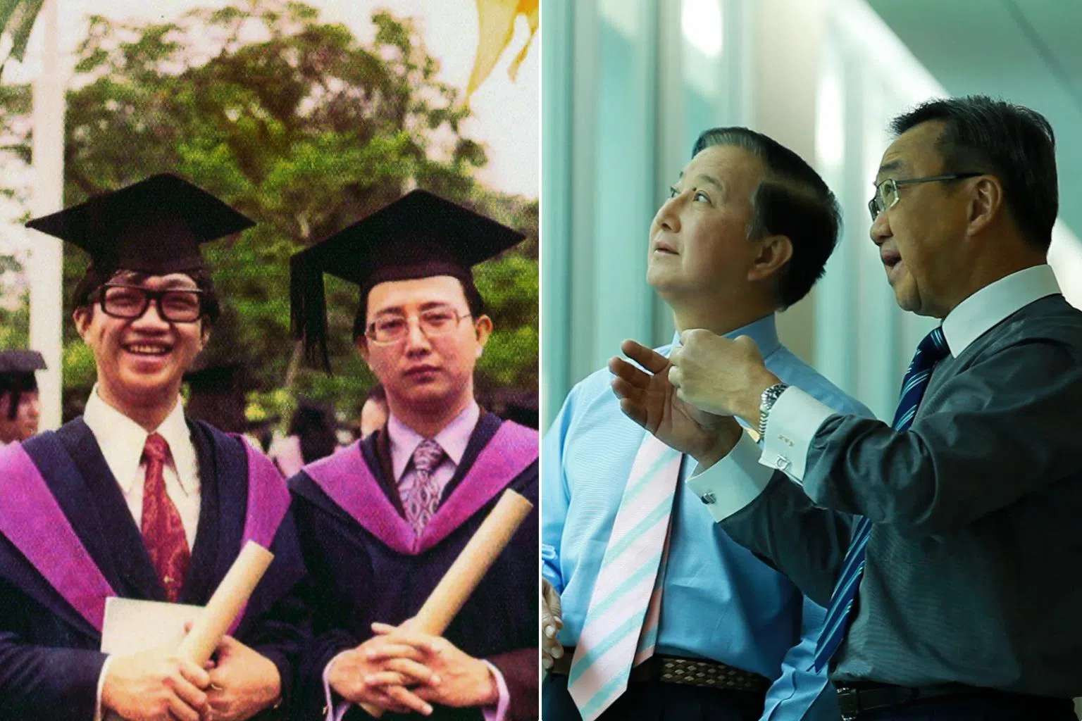 莱佛士医疗集团由吕俊旸医生（右图，右）和他的大学医学系同窗罗伟中医生（左）携手创办。左图为两人摄于毕业典礼。（莱佛士医疗集团提供）