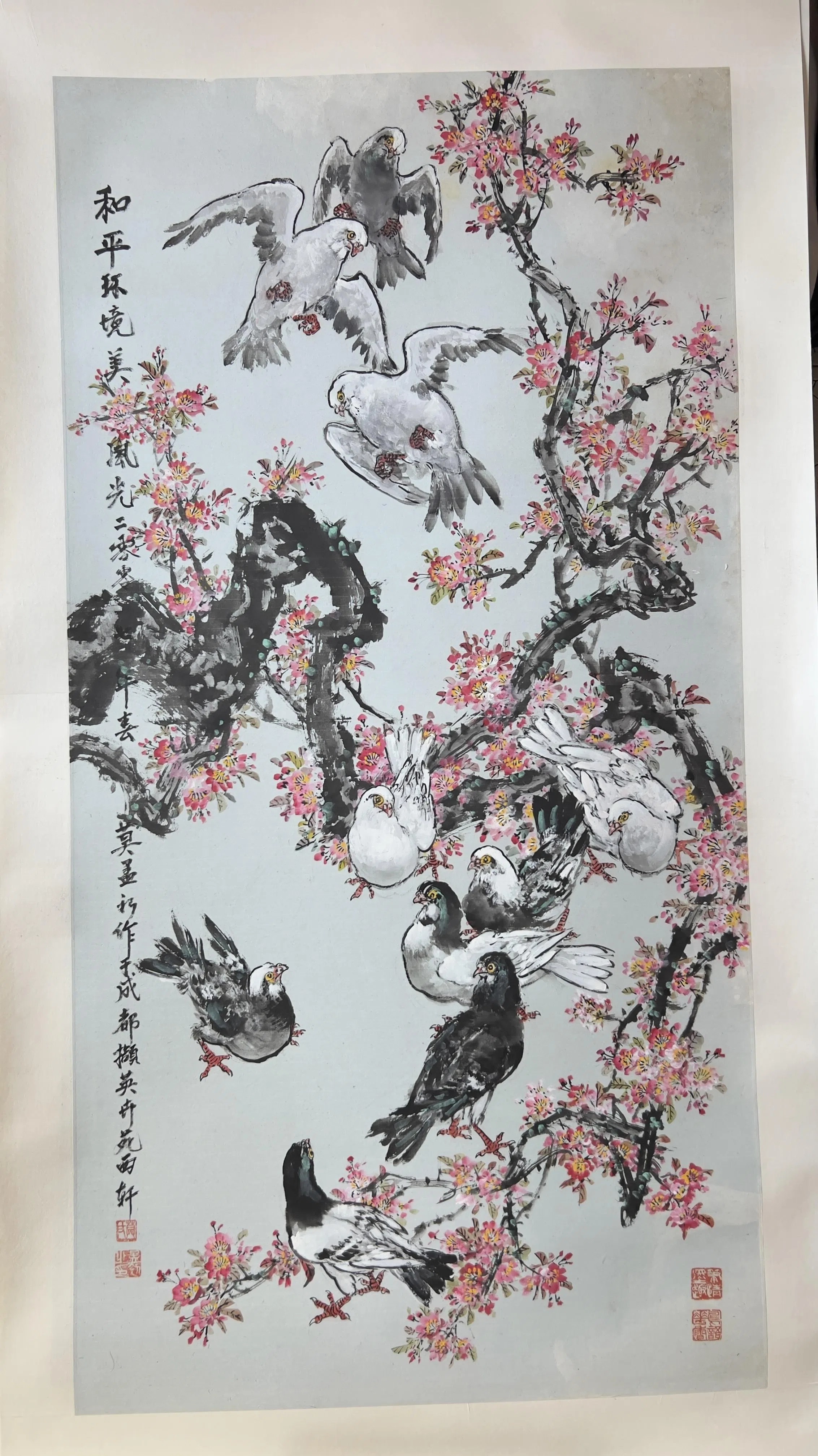 莫孟初的鸽子水墨画。（莫尼提供）