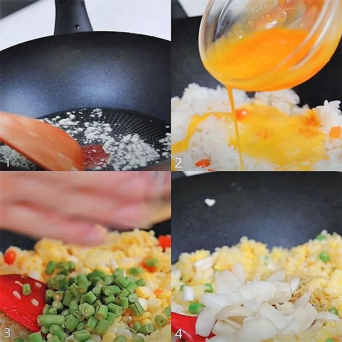 百合银鱼黄金蛋炒饭烹饪步骤。（视频截图）
