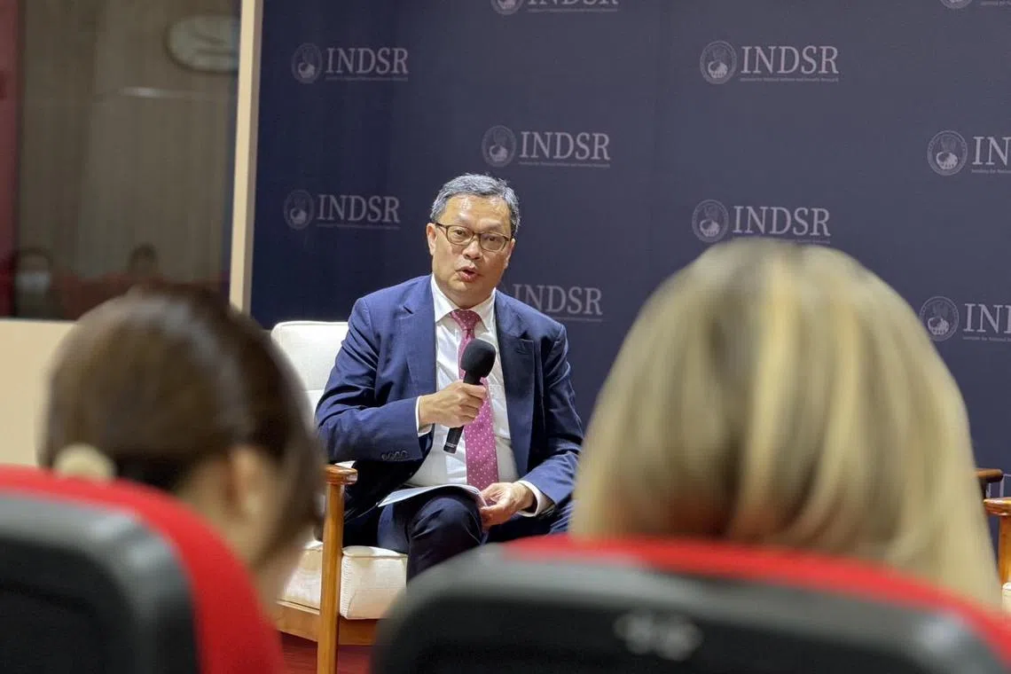 台湾军方智库国防安全研究院执行长陈明祺，7月5日在与美国保守派智库哈德逊研究所合办的研讨会上提到，从2005年的《反分裂国家法》，到近期的”惩治台独22条”，这些都是北京利用法律的手段，对台湾进行压迫，让台湾不战而降。 （缪宗翰摄）