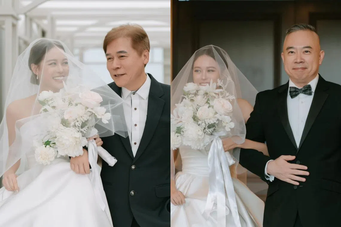 新娘子洪美福先后挽着生父洪荣宏（左图右）和继父（右图右）步入礼堂。（取自陈施羽脸书）