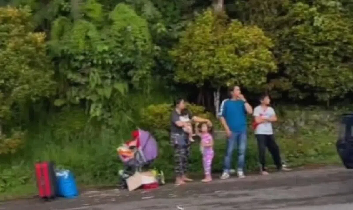 疑似车主一家逃生后，在路边等待支援。（社交媒体视频截图）
