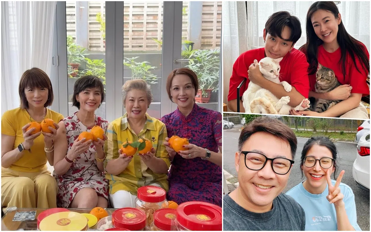潘玲玲（左图左起）郑惠玉、金银姬和陈丽贞贺新春，田铭耀（由上图左）和刘子绚抱爱猫拜年；姚彣隆（右下图左）巧遇网红Inthira。（取自艺人IG）