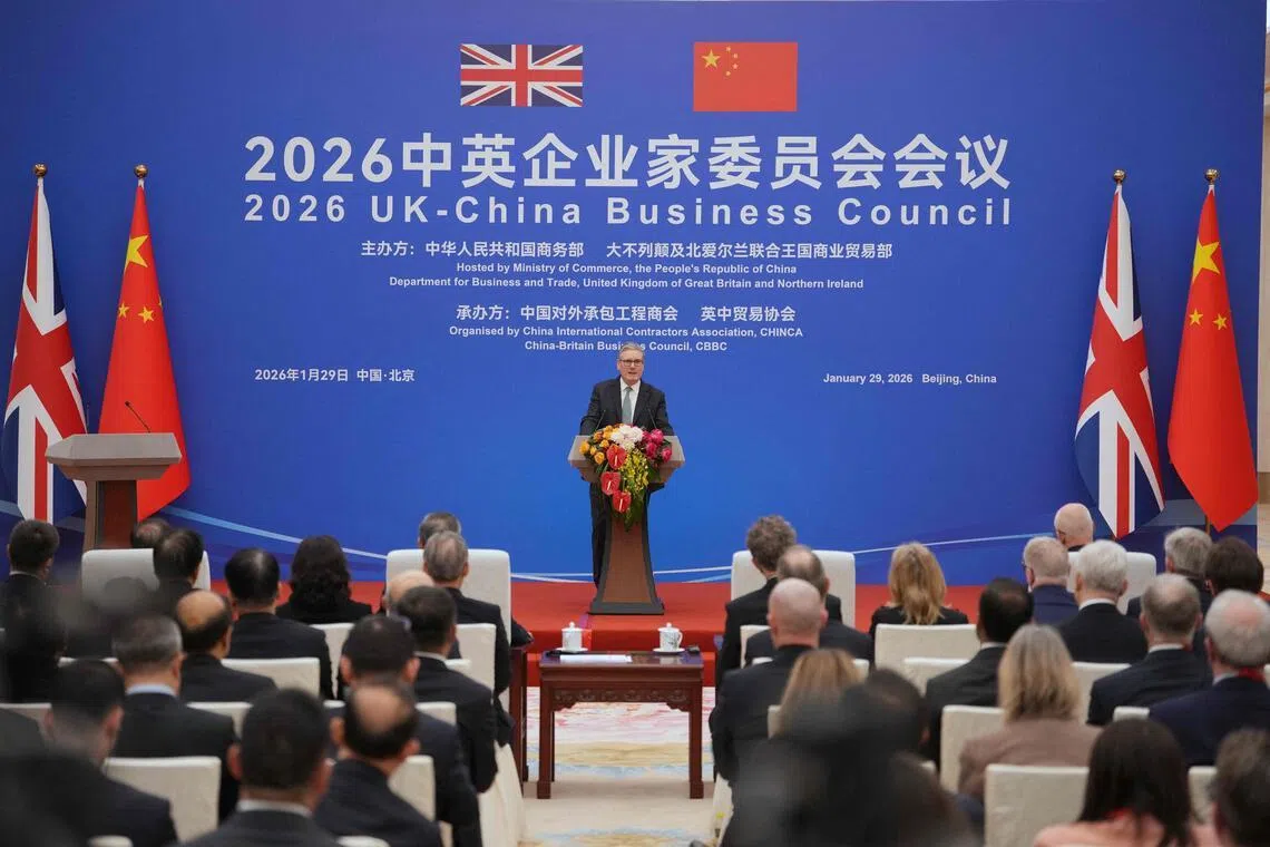 英国首相斯塔默星期四（1月29日）在北京人民大会堂出席中英企业家委员会会议闭幕式并致辞。（法新社）