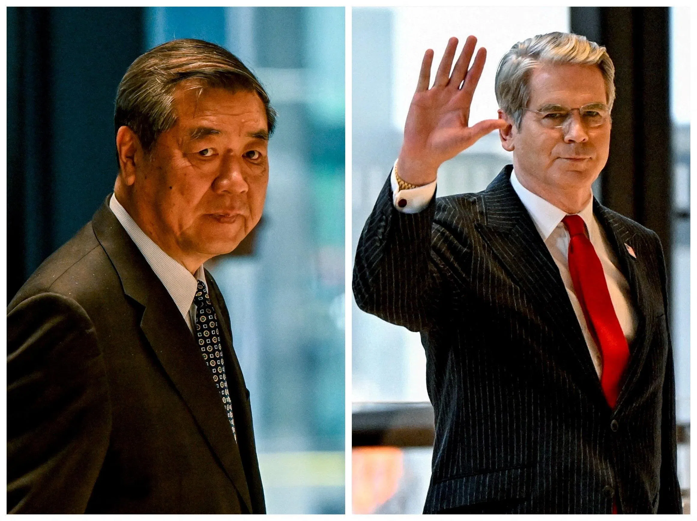 中美首脑会晤前夕，中国国务院副总理何立峰（左）与美国财政部长贝森特9月20日在美国纽约举行会谈，讨论贸易和人工智能问题。美方提议建立涉及国家安全的AI事件通报机制。（路透社）