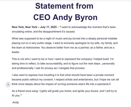 演唱会意外“捉奸”事件曝光后，疑似造假的Byron道歉信在网上流传开来。（互联网）