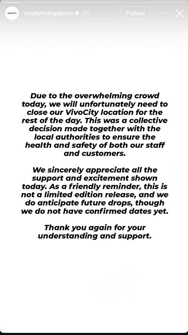 斯沃琪随后通过Instagram限时动态通知公众，怡丰城门店将不会开放售卖。（斯沃琪IG截图）