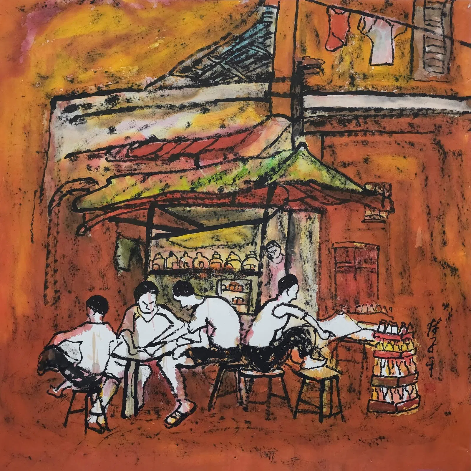 林子平彩墨画《街景读报》。（南蛮艺苑）