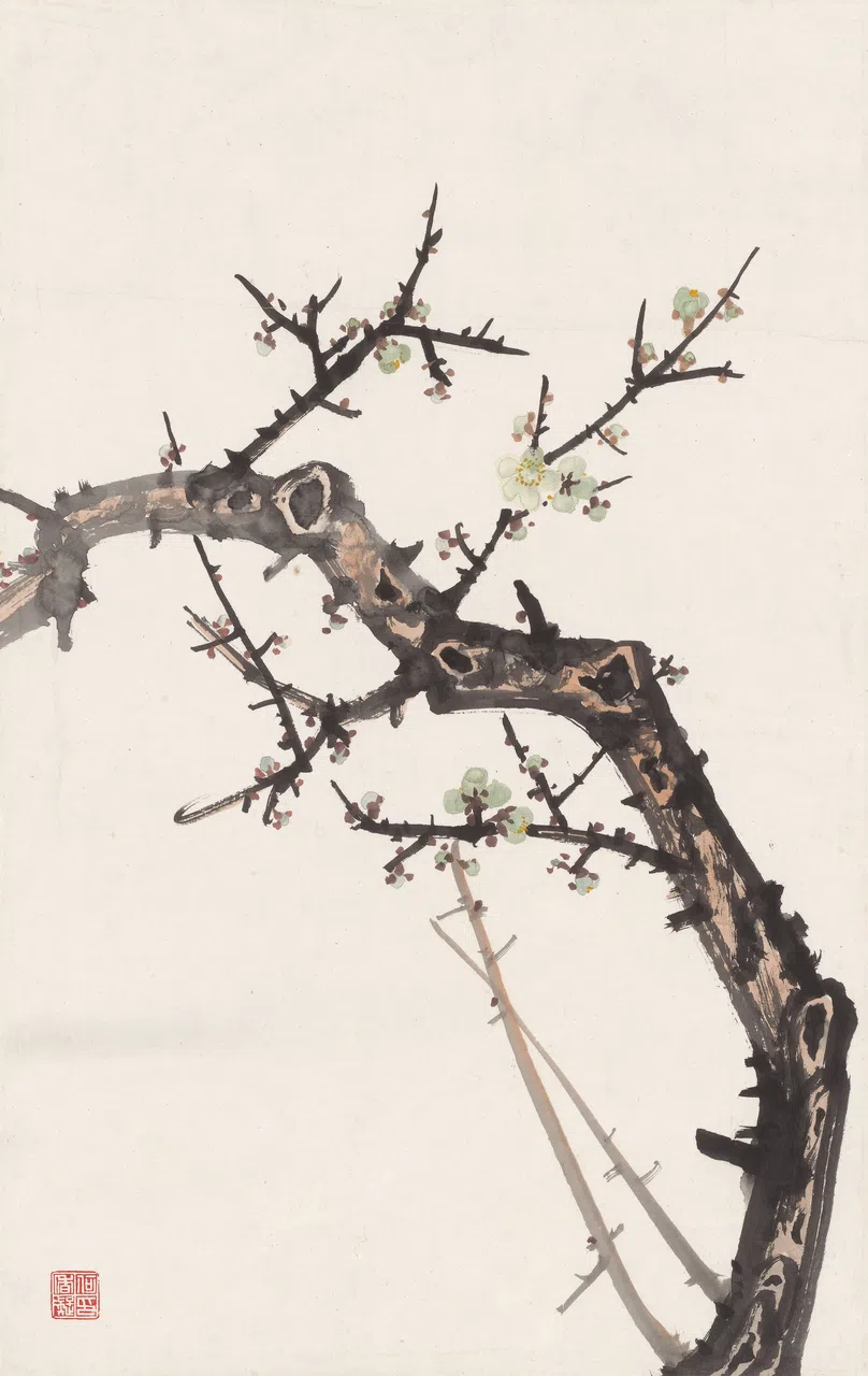何香凝《绿梅》（1943）反映战争期间因陋就简，质朴无华的画风。（何香凝美术馆馆藏）