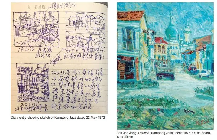 陈有勇的日记里有风景的速写图，附上创作想法。图为阿拉街（俗称爪哇街）教堂油画。（国大博物馆提供）