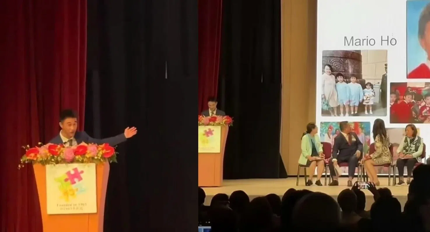 何猷君在台上致辞时，大屏幕惊喜曝光了他儿时就读该校的画面。（互联网）