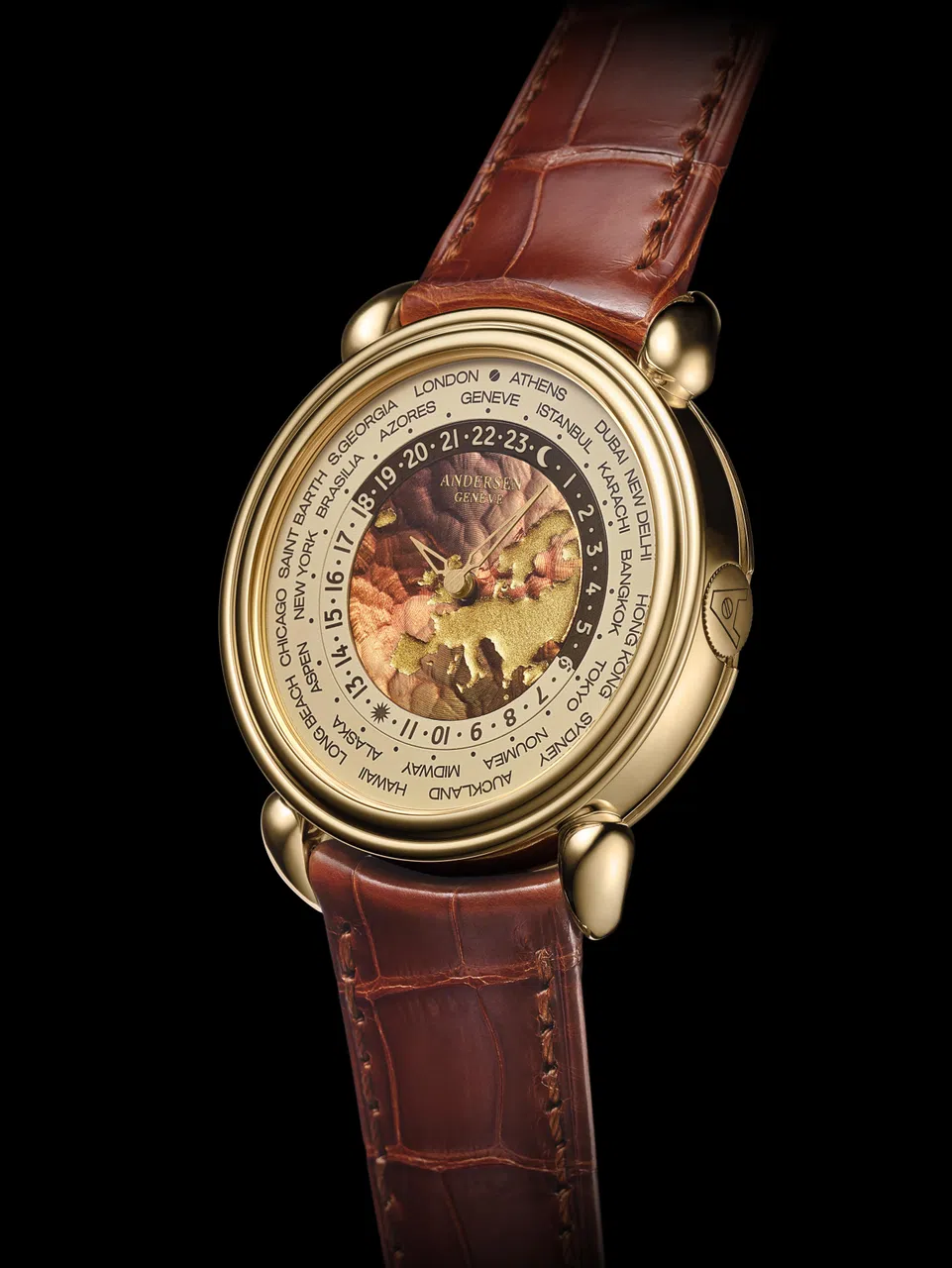 Andersen Genève庆祝品牌45周年之作，38毫米黄金表壳、泪滴表耳，以传统方式纯手工制壳。（GPHG提供）