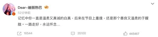 迪丽热巴发文哀悼于朦胧，文字间充满不舍。（互联网）