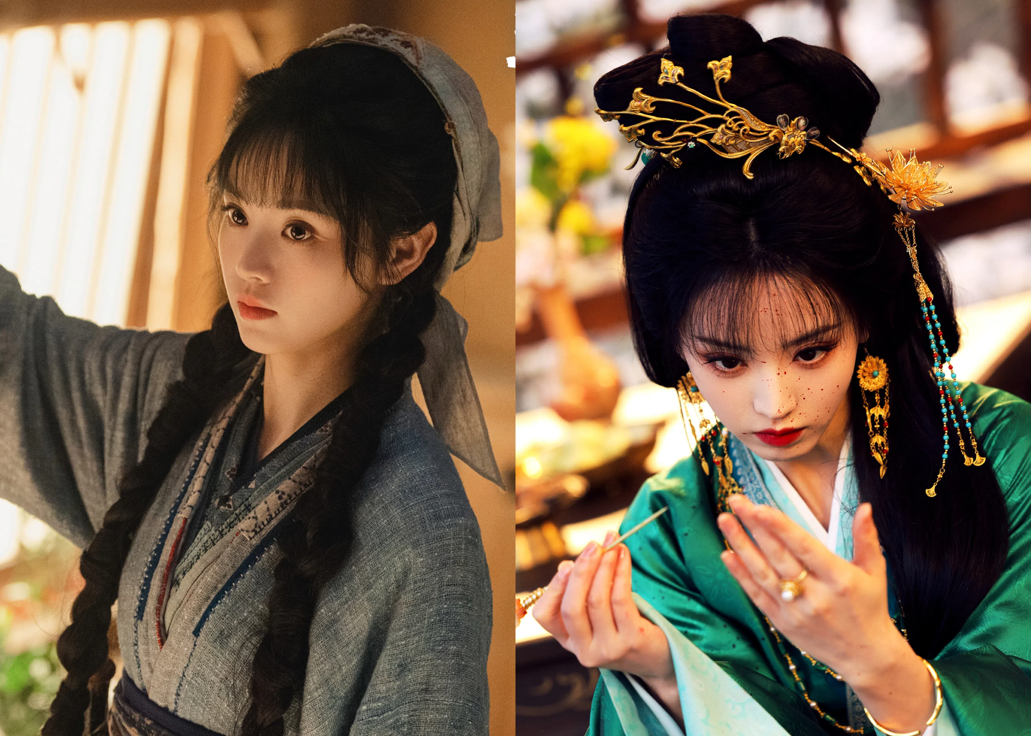 田曦薇2026年手握两部热播剧，她在《逐玉》里饰演杀猪女樊长玉（左图），在《嫁金钗》里挑战一人饰两角。（互联网）