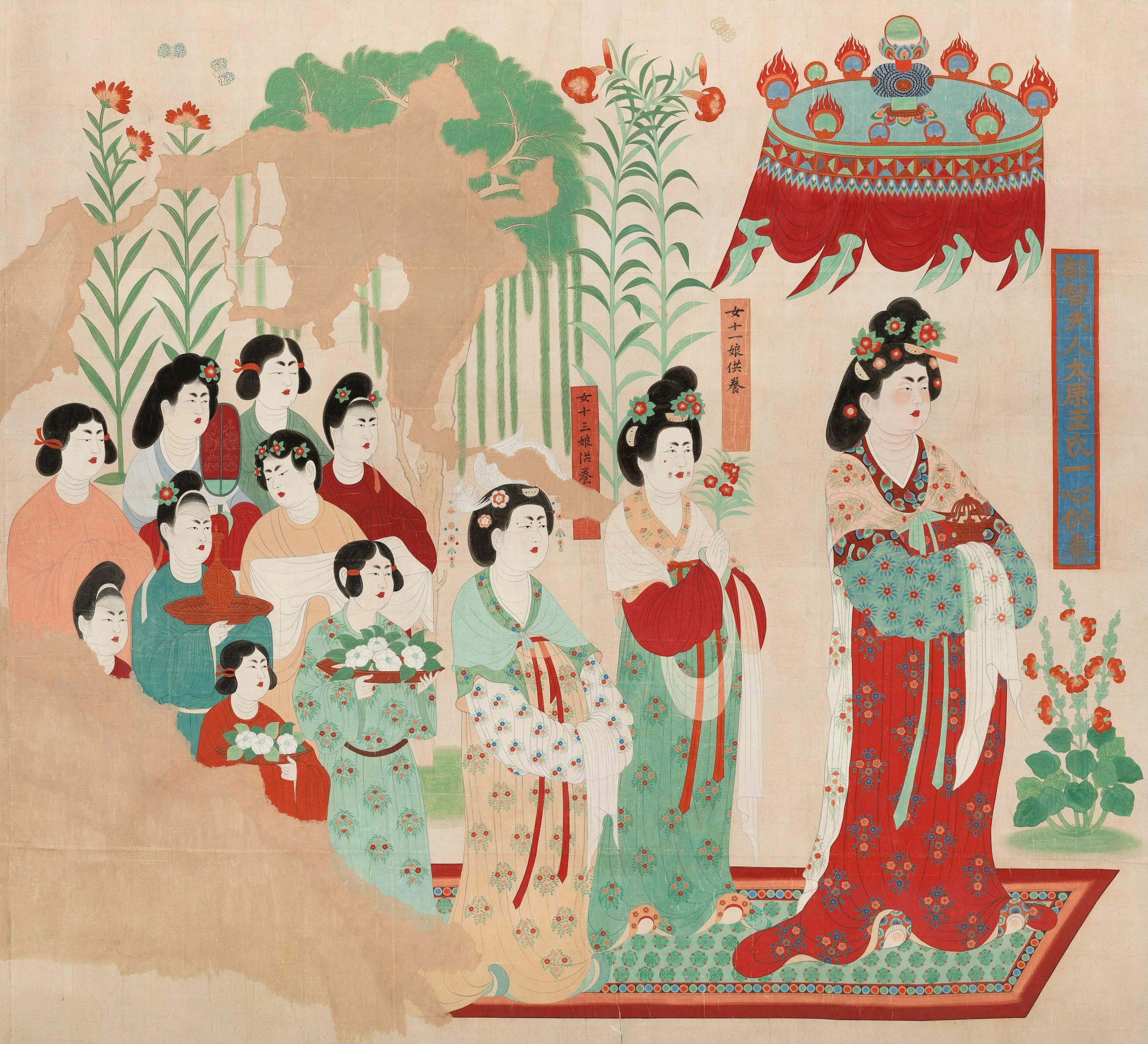 敦煌研究院前院长段文杰复原临摹的《都督夫人太原王氏礼佛图》出自莫高窟第130窟甬道南壁的一幅巨幅供养人壁画。（敦煌研究院提供）