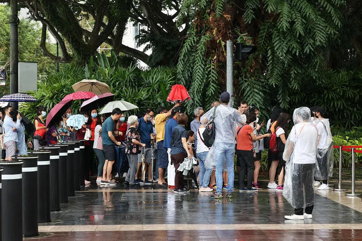 今早全岛多处下大雨，但仍难抵人们参观总统府的热情。（陈渊庄摄）
