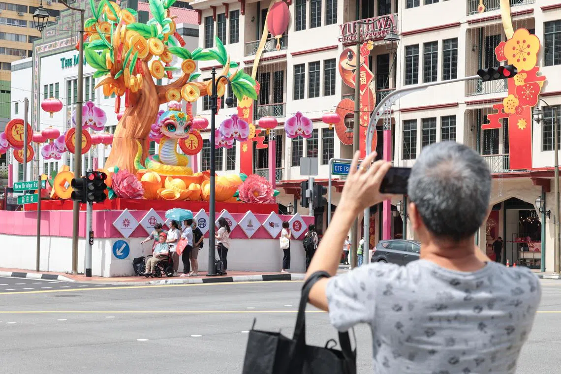 牛车水蛇年主灯造型是一棵八米高的“福树”及一条可爱的大眼金鳞祥蛇，活泼喜气的造型吸引不少公众驻足拍照。（李冠卫摄）