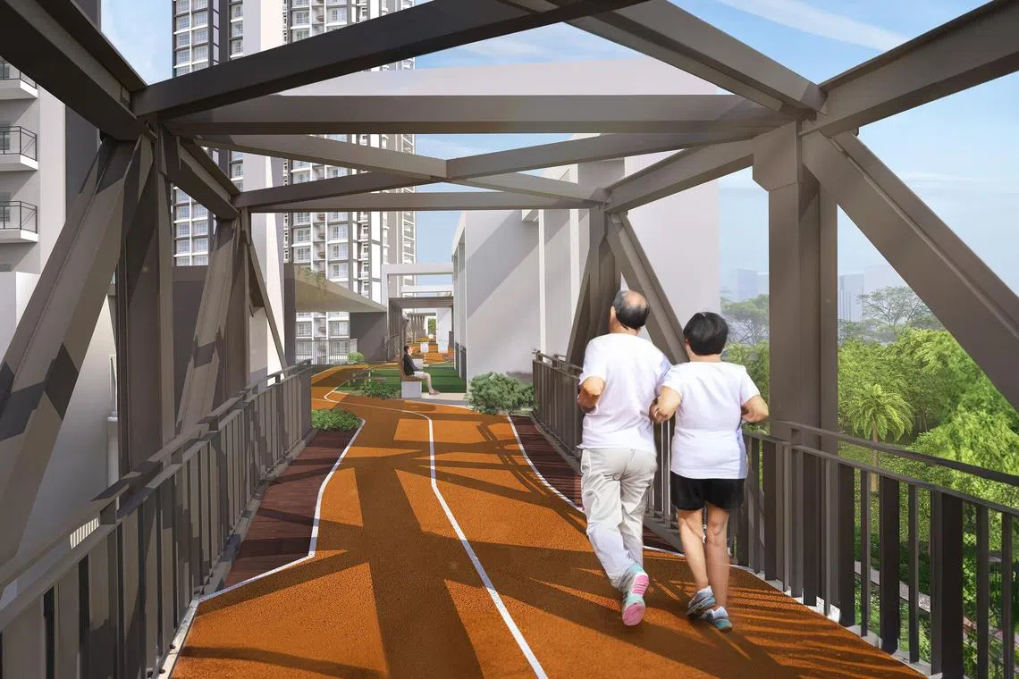 公众可在Queensway Canopy的800米长环式天篷走道上晨运，俯瞰铁道走廊。（建屋局提供）