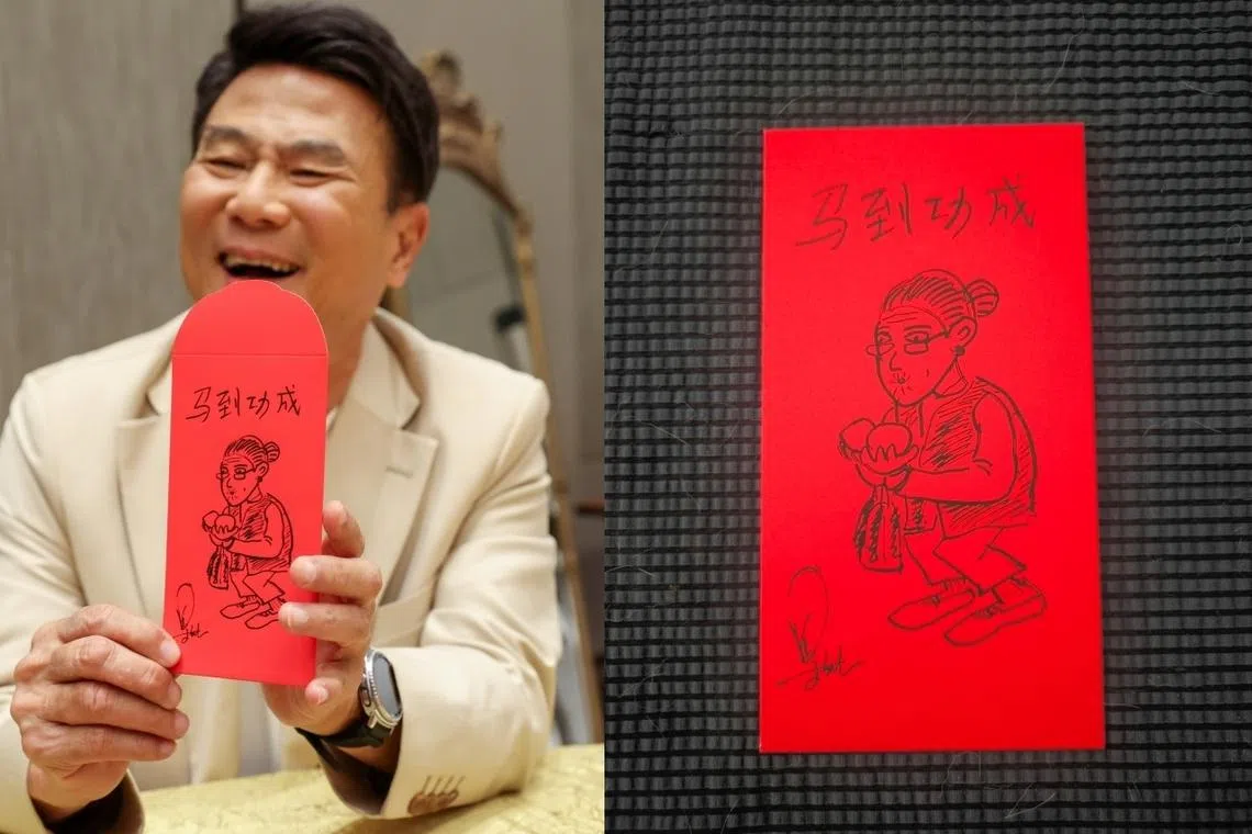 梁志强将梁婆婆画进红包封套中。（白艳琳、钟雁龄摄）