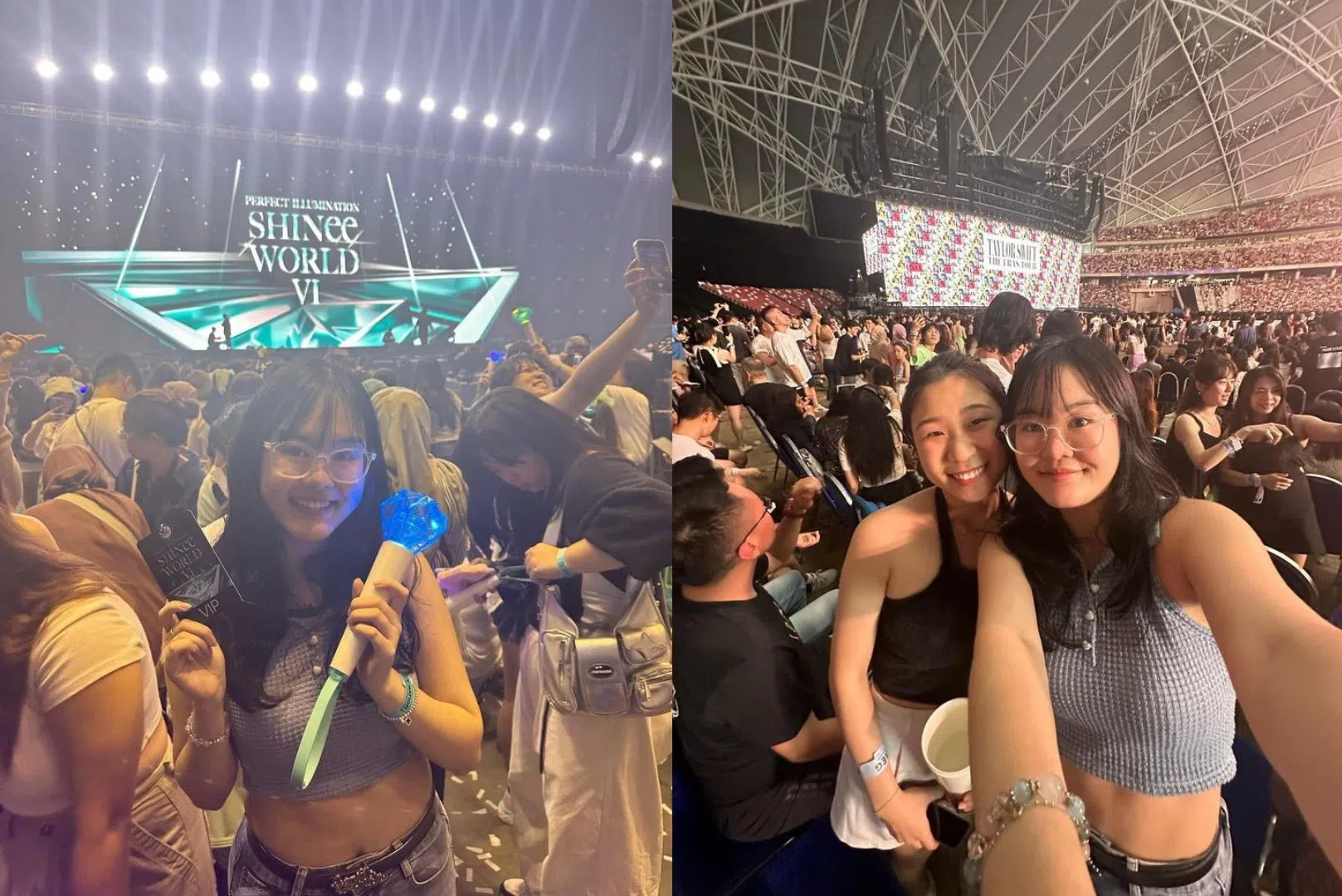 从事会计行业的Jasmine（27岁）是SHINee和泰勒丝的粉丝。她在SHINee演唱会（左图）结束后立刻赶往国家体育场看泰勒丝的演出（右图）。（受访者提供）