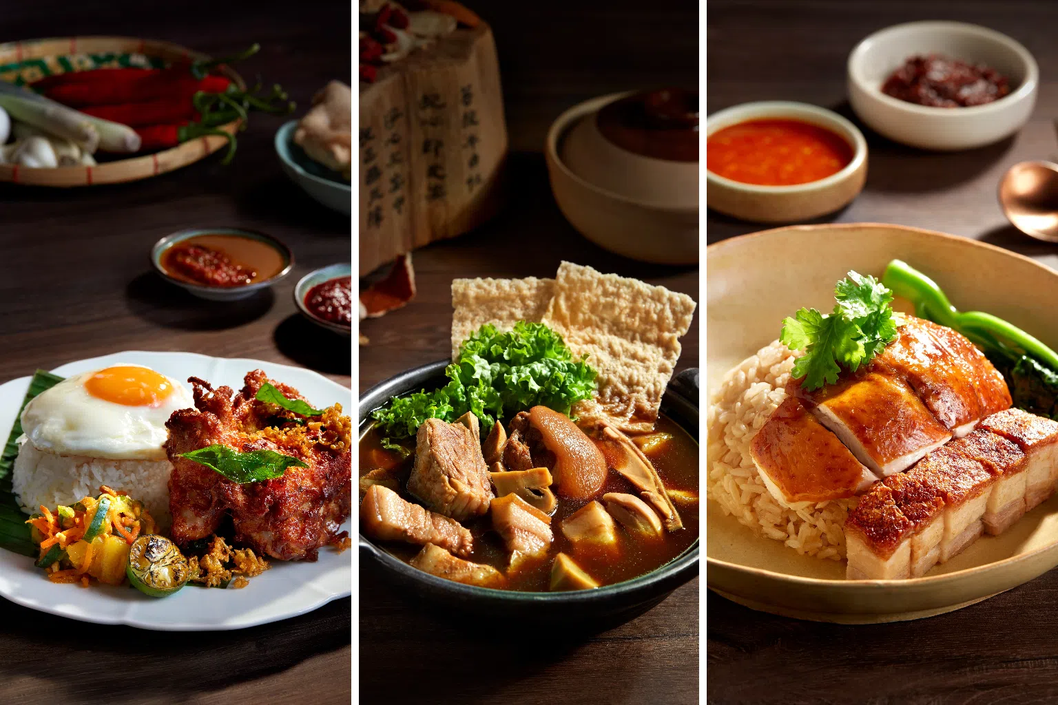 (From left) Signature dishes from Berempah Bros, Parkson Bak Kut Teh and Chef Lup Roasted, adding more crowd favourites to Food Opera’s line-up.
