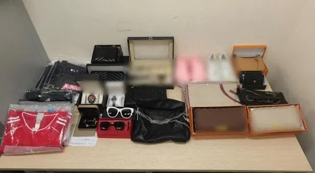 警方提供的照片显示，多个货架和桌面上摆放着大量疑似冒牌商品，包括手袋、鞋履、太阳眼镜和配饰等，一些物品也被装在纸箱内。案件仍在调查中。（新加坡警察部队提供）