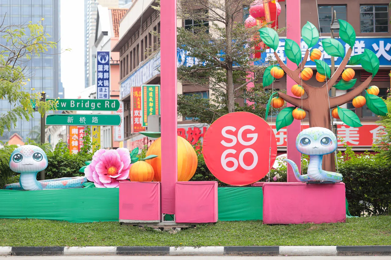 今年除了喜迎乙巳蛇年，也是新加坡建国60周年，牛车水新春灯饰特意加入了SG60标志，与国同庆。（李冠卫摄）