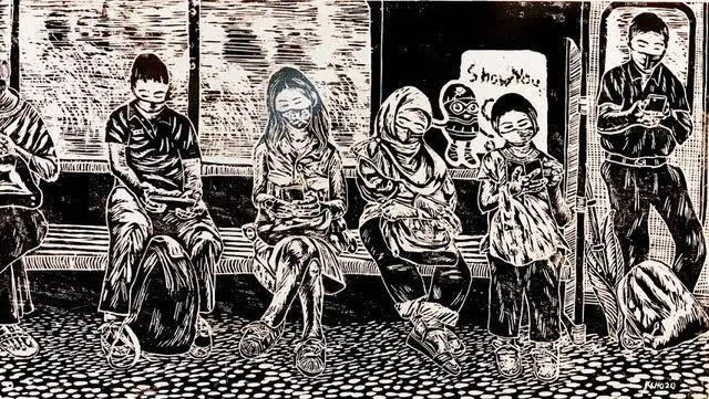 何家良木刻版画《新常态下的通勤》。（画廊提供）