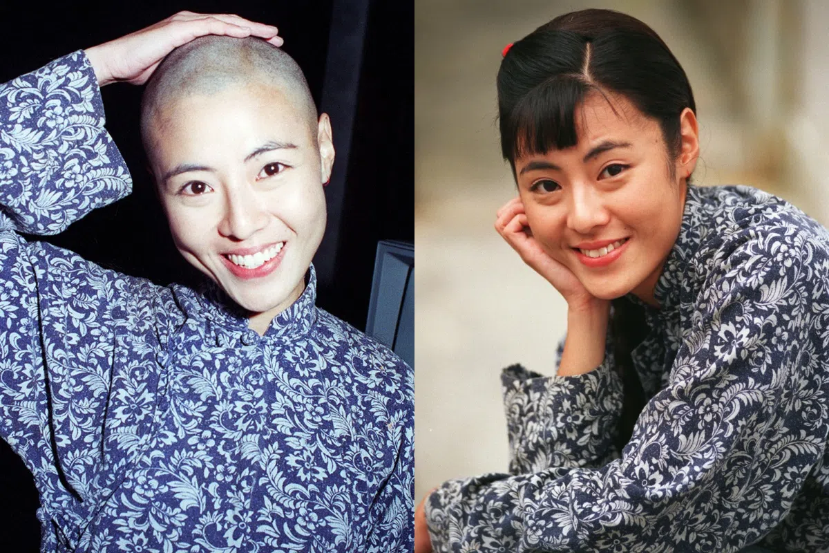 许美珍为《出路》里红豆一角，剃光头演出。（档案照）