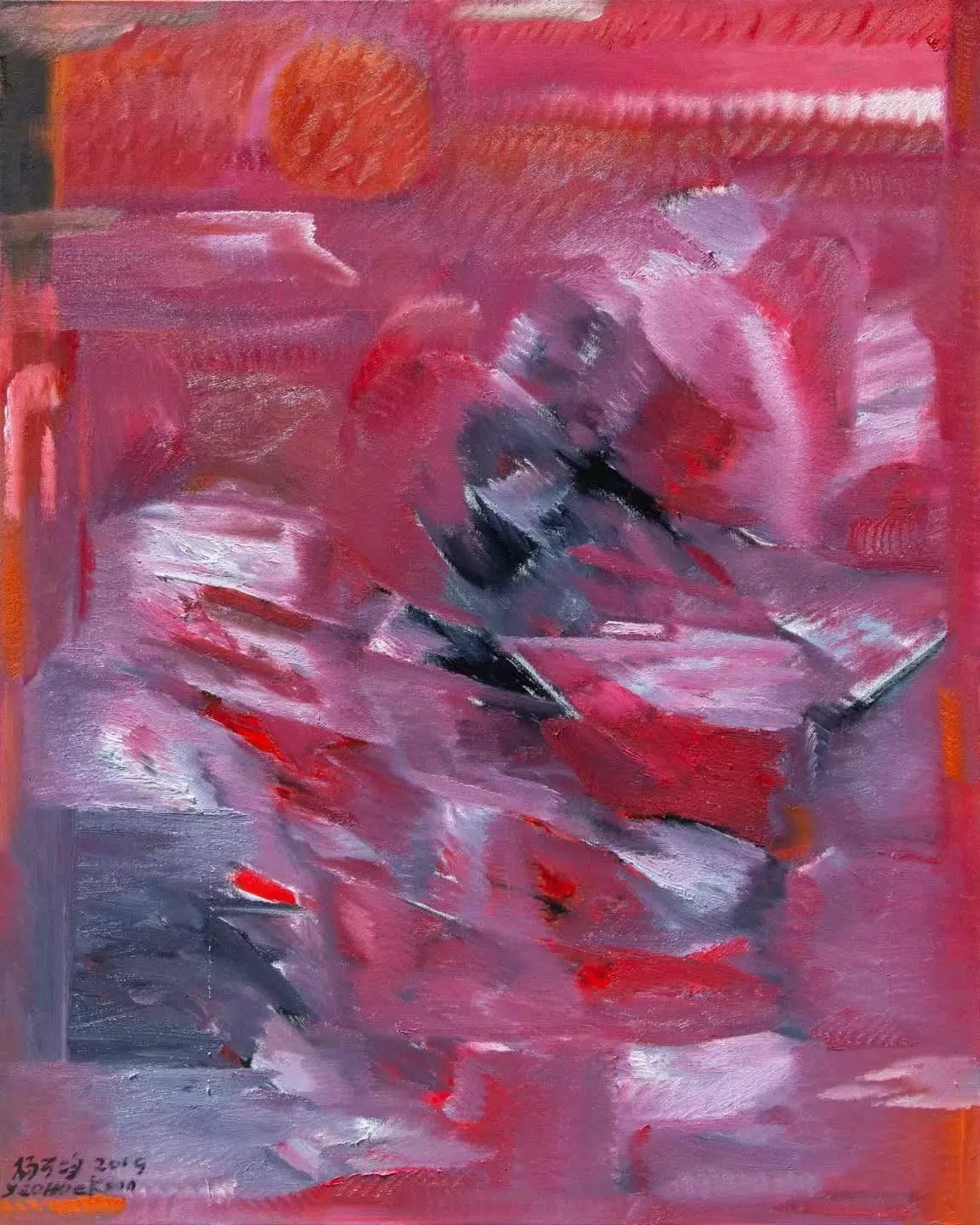 杨可均油画《旭日东升》（150x120厘米）。（海卉艺苑）