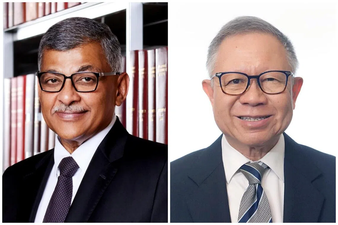 大法官梅达顺（左）与总统顾问理事会前主席张赞成（右）获颁淡马锡勋章。（新加坡法院、总统府提供）