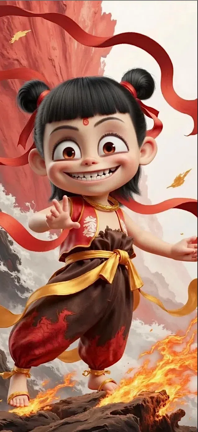 用条金黄腰带在腰际绑个蝴蝶结，裤子收紧后在肚脐溢出一圈荷叶边，成了“哪吒裤”的经典设计。（互联网）