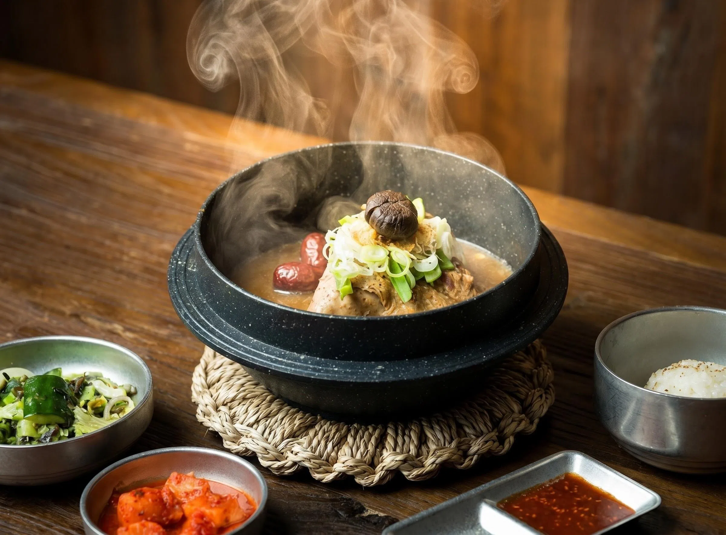黑蒜参鸡汤融入黑蒜的清香甘甜。（餐馆提供）