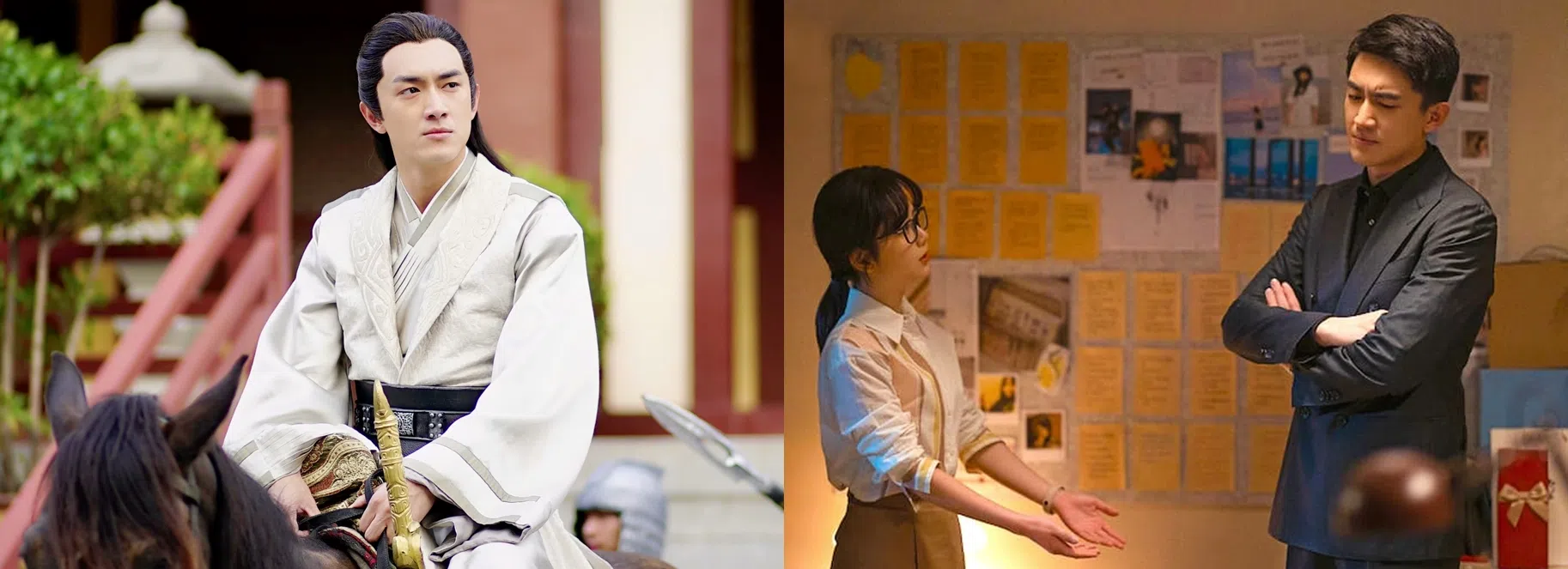 林更新在《楚乔传》饰演足智多谋、高冷的宇文玥（左），右图为他与谭松韵2022年《请叫我总监》的剧照。（互联网）