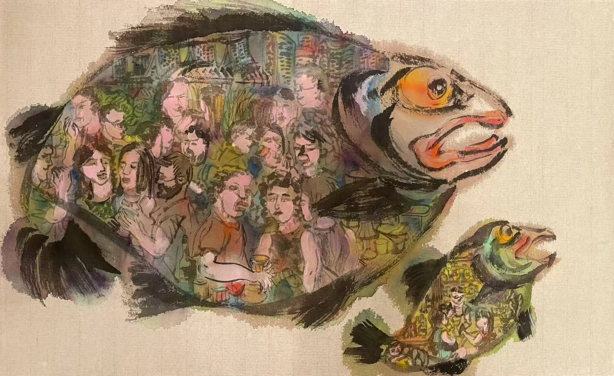 美国医生莫比的水墨画《鱼腹人间》有南洋的烟火气与人情味。（莫尼提供）