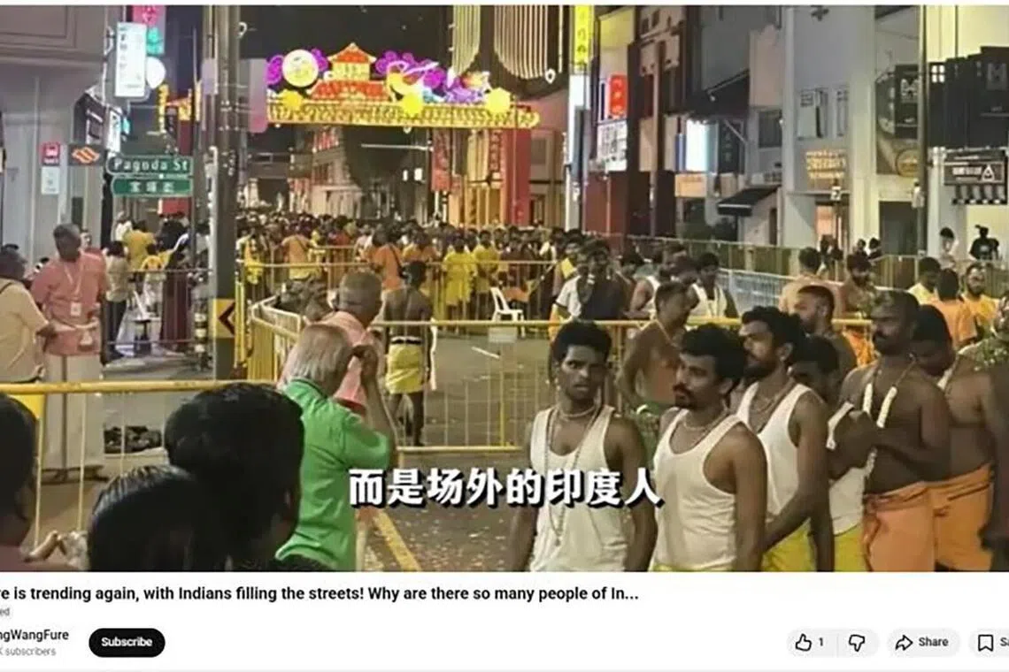 网络流传诋毁本地印族社群的视频，附上牛车水宝塔街一带人头攒动的画面。有关视频刻意把本地印度教徒庆祝传统节日、外籍客工休假外出，以及海外印度人等画面拼贴和剪辑在一起，以支持有关本地的印度人“越来越多”的论述。（内政部提供截图）