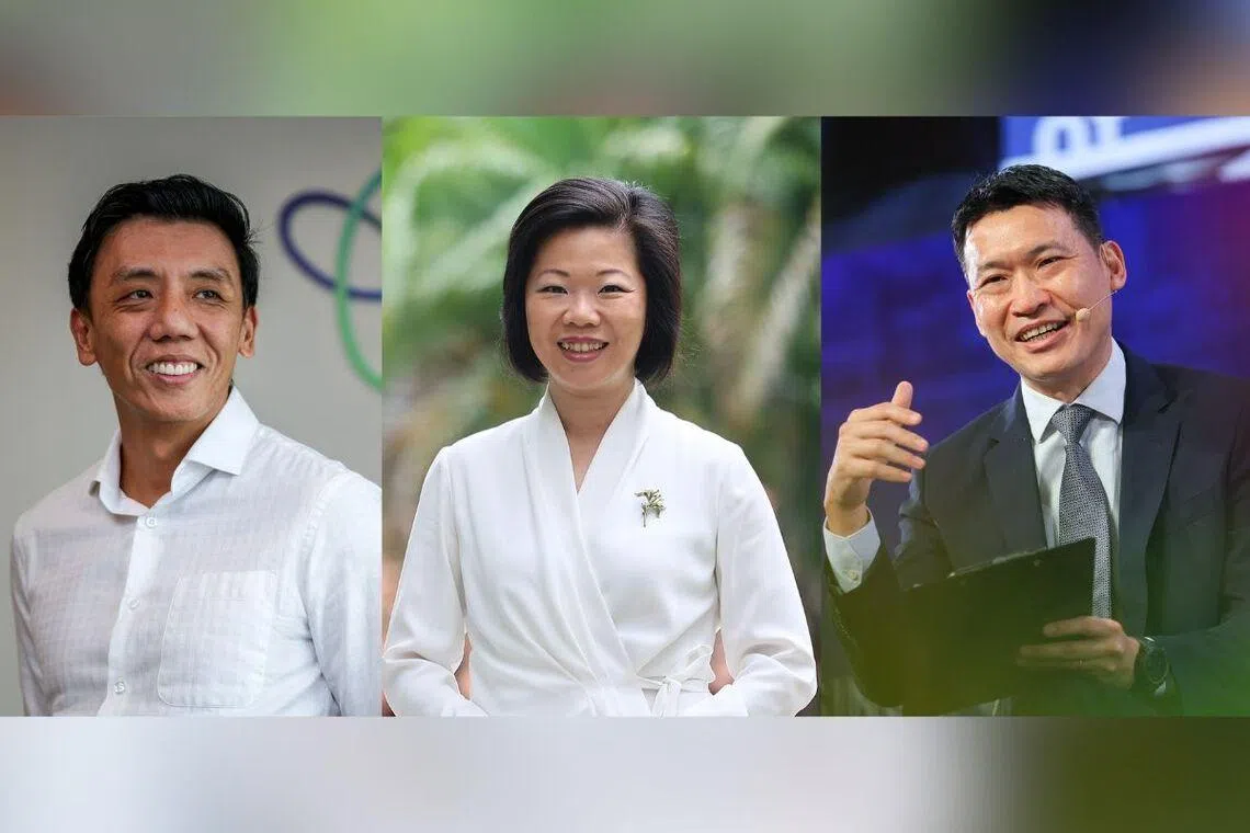 三名转正的部长所执掌的部门不变，萧振祥（左）将成为交通部长兼财政部第二部长；梁振伟（右）是文化、社区及青年部长兼教育部第二部长；沈颖（中）则是外交部兼内政部第二部长。（档案照片）