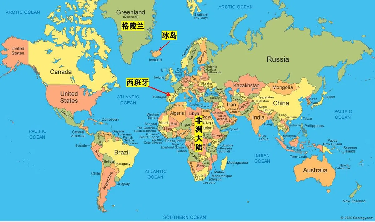 课本里的世界地图：格林兰岛和冰岛都“长大”了。（Geology.com）