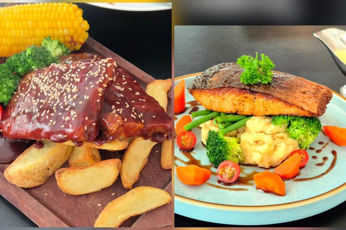 BBQ猪扒（左图）和香烤三文鱼深受食客喜爱。（陈爱薇摄）