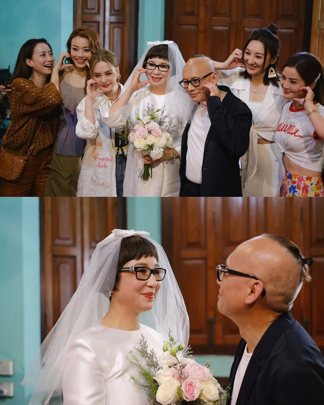 高爸爸拿着花束向太太求婚，场面感动（下图）；左起为霍汶希、容祖儿、阿娇；右起为阿Sa及高海宁（上图）。（取自高海宁IG）