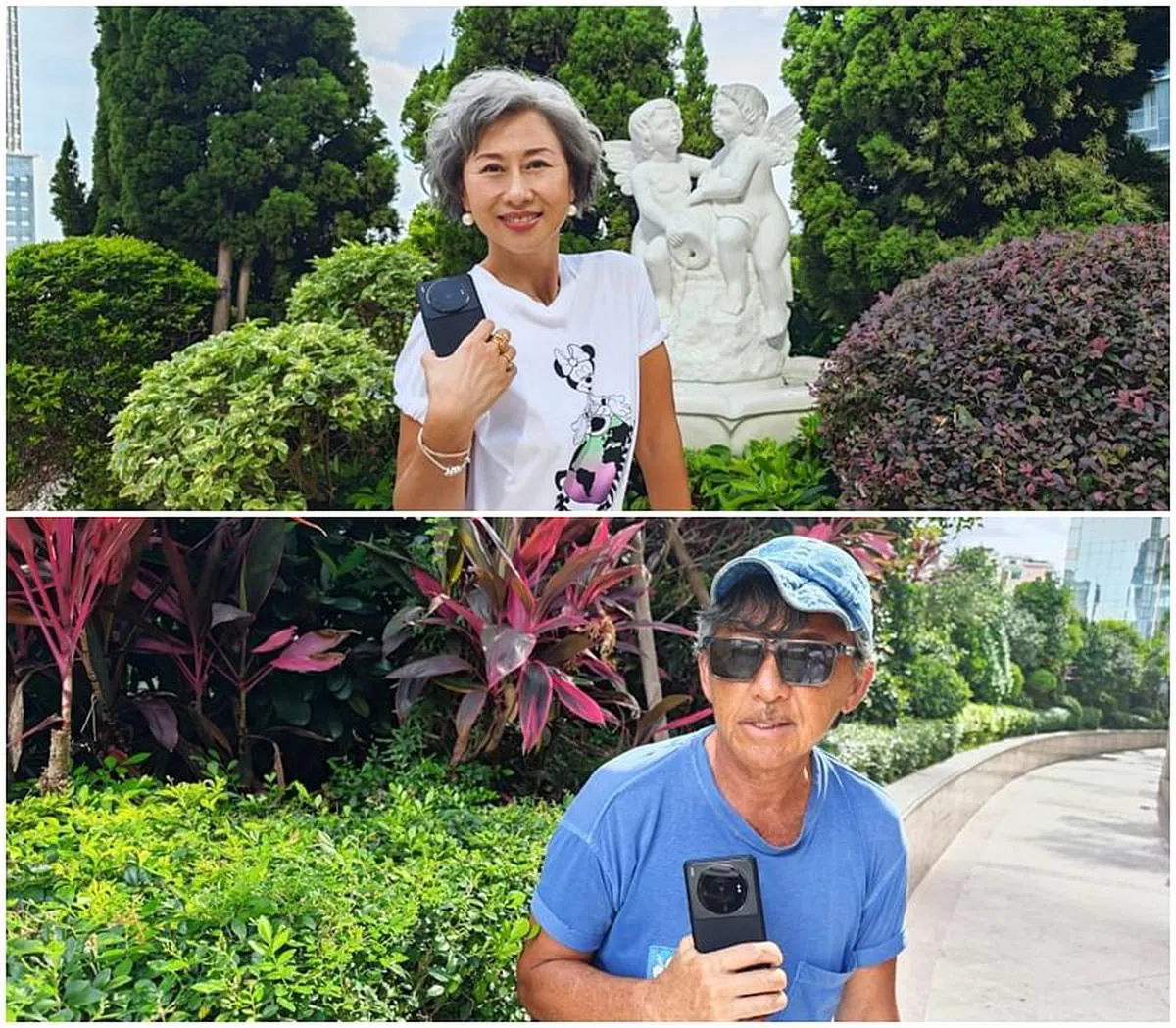 两人互相帮对方拍照，林子祥墨镜还映照出掌镜的叶倩文，甜蜜模样羡煞网友。（图/微博）