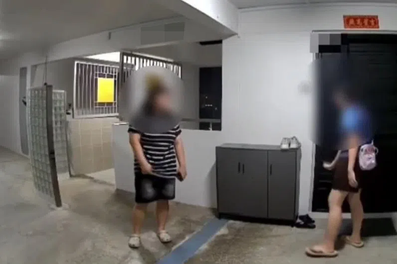 两名女子被拍到在组屋单位外走动，其中一名身穿蓝色上衣的女子手拿物品，动作看似在单位外喷洒不明液体。（取自STOMP）